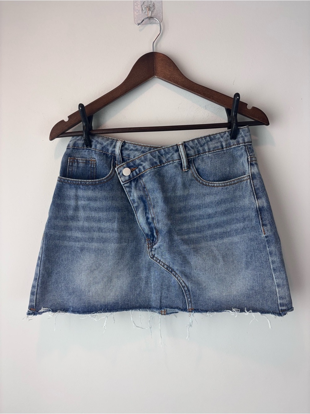 SHEIN Size 29 Denim Mini Skirt Asymmetrical Front Raw Hem Y2K